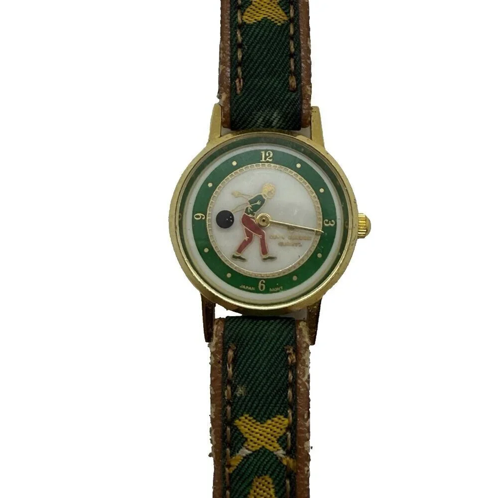 David Jordan Quartz Rotating Bowling Watch Round Face Brown Green Canvas Band